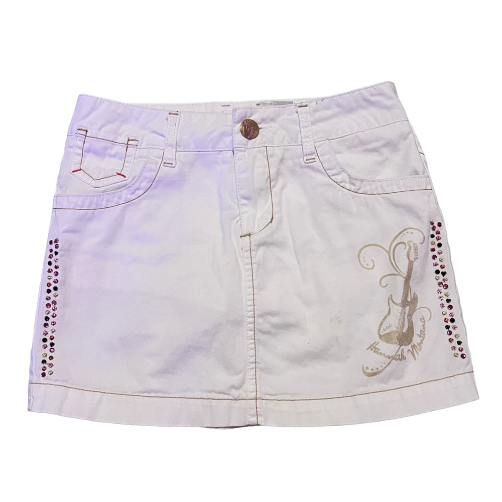 Disney Hannah Monatana white jean skirt with embroidered designs.